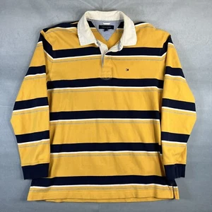 VTG Y2K Tommy Hilfiger Striped Long Sleeve Rugby Polo Shirt Mens XL Yellow Navy - Picture 1 of 7