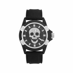 Ed Hardy Men's Silver Skull Dial Watch, Black Silicone Strap, 44MM - Picture 1 of 1