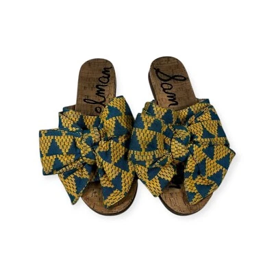 Sandalias de corcho Sam Edelman con lazo azul amarillo estampado talla 9 Foto 1 de 4