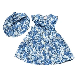 Girls On-The-Go Floral Vintage Dress & Hat Set Ruffle Sleeves Blue White Size 5 - Picture 1 of 13