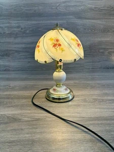 Vtg Touch Lamp Brass Tone Base Glass Panels White Floral Tested 3 Way - Picture 1 of 8