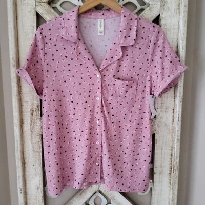 Jessica Simpson Women's Short Sleeve Sleepwear Pajama Button Collar Top Hearts - Image 1 of 4