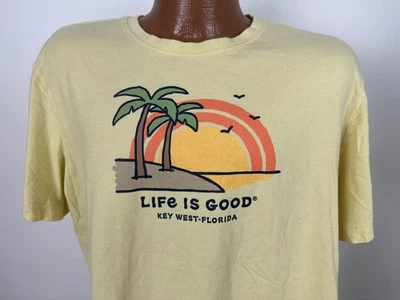 Camiseta Life is Good Key West Florida Hombre L Trituradora Playa Puesta de Sol Amarillo Algodón Foto 1 de 4