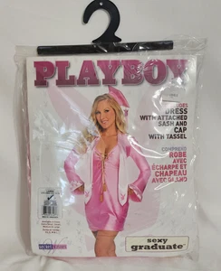 Y2K Playboy Halloween Kostüm sexy Absolventin Damen LARGE 10-14 rosa Kappe Kleid - Bild 1 von 3