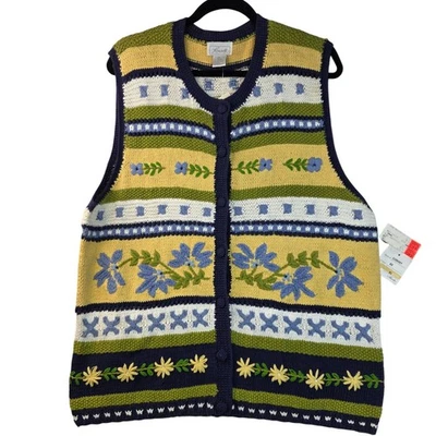 Knitted Sweater Vest XL Floral Embroidered Vintage Foxcroft Deadstock New - Image 1 of 4