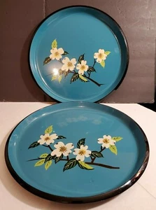 Vintage (2) 1960s Mid-Century Serving Trays Handpainted Branch Leaves & Flowers - Picture 1 of 12