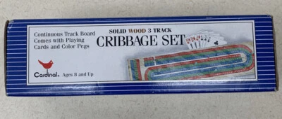 New Solid Wood 3 Track Cribbage Set Metal Tin Cards And Pegs Card Game Cottage - Image 1 of 3