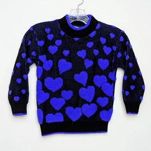 Vintage 90s Hot Fudge Purple Hearts All Over Knit Sweater Girls Toddler Size 4 - Picture 1 of 5
