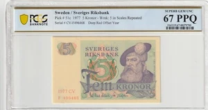 Sweden 1977 5 Kronor PCGS Banknote Superb Gem UNC 67 PPQ Pick 51c - Picture 1 of 2
