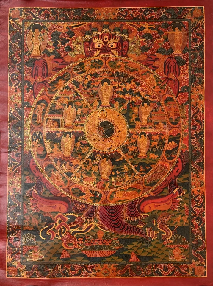 BUDDHA LIFE BHAVACHAKRA MANDALA BARNIZADO AL ÓLEO PINTURA THANGKA TIBETANA ANTIGUA Foto 1 de 4
