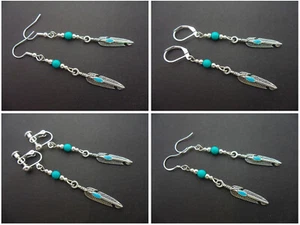 TIBETAN SILVER DANGLY CLIP PIERCED LEVERBACK TUQUOISE BEAD FEATHER EARRINGS. - Picture 1 of 5