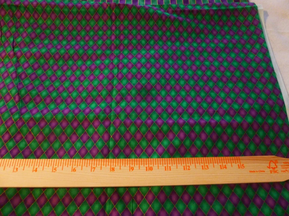 Green, purple, gold metallic diamond shapes cotton fabric-36" x 44"/David Tex. - Image 1 of 1