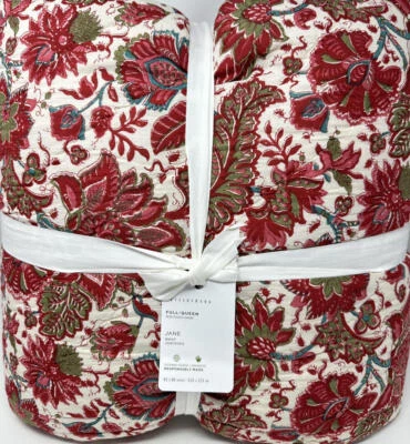 Novo~Colcha Artesanal com Estampa de Bloco Floral Pottery Barn Jane~Vermelho~Rainha Completa - Imagem 1 de 4