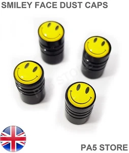 4x Tappi Antipolvere NERI Sorriso Face - Tappi Valvola Pneumatici Happy Car Van Bike Scooter # - Foto 1 di 2