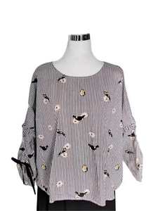 Nanette Lepore Womens Lightweight Blouse 3/4 Sleeve Size L Striped Floral Birds - Picture 1 of 7