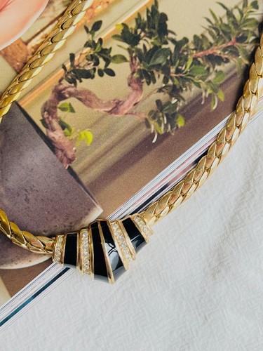 Collana Christian Dior vintage anni 70 simmetrica cristalli smalto nero croissant