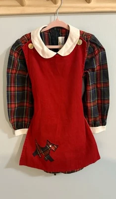 Vestido de vacaciones para niñas Florence Eiseman pana roja, cuadros, bordado para perros (5) Foto 1 de 4