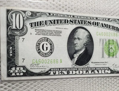 1928 B $10 Federal Reserve Note LGS LIME LIGHT GREEN SEAL Chicago, IL Nice Note - Image 1 of 4