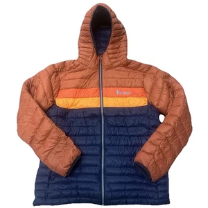 Cotopaxi Men's Fuego Down Puffer Hooded Jacket Size Medium Blue Orange Yellow - Picture 1 of 11