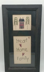Black Framed Primitive Folk Art Stitchery Picture "Heart Home Family" 16" x 9.5" - Picture 1 of 6