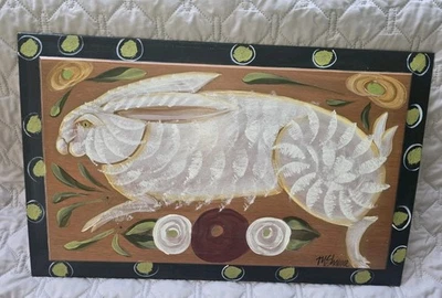 Primitive Folk Art Rabbit Bunny Hare Painting  Contemporary Artist M. Shaw 02 - Image 1 of 4