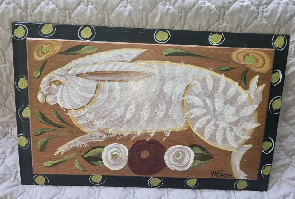 Arte popular primitivo conejo conejito liebre pintura artista contemporáneo M. Shaw 02 Foto 1 de 4