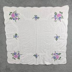 Vintage Embroidered Linen Blend Tablecloth Square Scalloped Edges Cottagecore - Picture 1 of 7