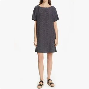 Eileen Fisher Dress Size L Black White Womens Short Sleeve Knee Length Pattern - Picture 1 of 13