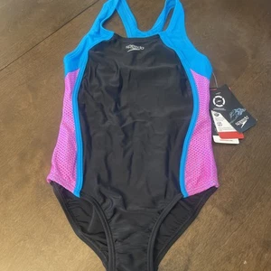 Speedo Girls' Mesh Splice Thick Strap One-Piece Swimsuit Black/Blue/Pink Size 10 - Picture 1 of 5