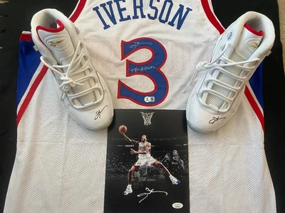 ALLEN IVERSON AUTOGRAPHED PHILADELPHIA 76ERS JERSEY, QUSTION SHOES AND PHOTO - Image 1 of 4