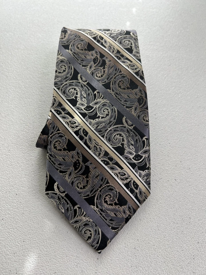Corbata Platinum Designs negra, gris, marrón a rayas/patrón floral 100 % seda nueva sin etiquetas Foto 1 de 4