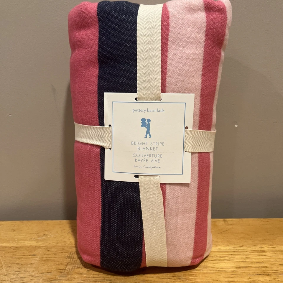 Manta Pottery Barn Kids Rayas Brillantes Rosa Azul Marino Doble Nueva Tejida Acrílico Foto 1 de 4