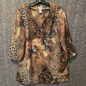 Chicos Top Damen Größe 1 Mittelbraun Tiermotiv Blumen Pailletten Transparent Bluse - Bild 1 von 9