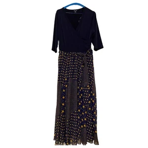 Kate & Lily Maxi Dress Navy and Mustard V Neck Polka dot Size 12P w/ Belt Sheer - Picture 1 of 9