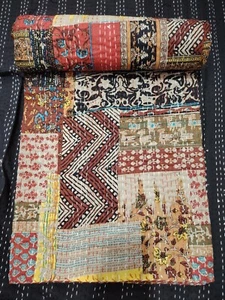 Indian Kantha Quilt Cotton Patchwork Bedspread Blanket Hand Block Bedding Throw - Picture 1 of 11