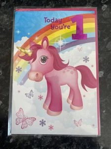 Age 1 Female Birthday Card 1st Pink Unicorn Butterflies Rainbow - Picture 1 of 2