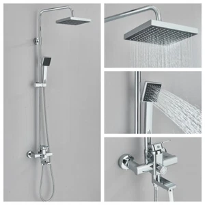 Chrome Bathroom Shower Faucet System Set Rain Shower Head Mixer Tap W/ Tub Spout - Picture 1 of 12