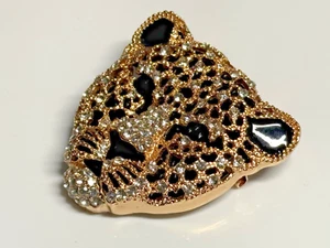 Brooch Tiger Head Gold Metal Cubic Zirconia Plastic Back - Picture 1 of 6
