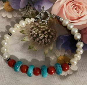 Vtg Sterling 925 Silver Handmade Freshwater Pearl Blue/Red BeadsBracelet Toggle - Picture 1 of 6