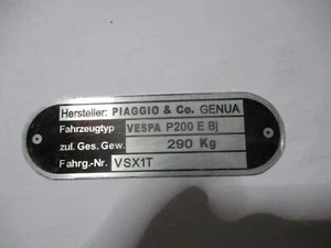 Typenschild Schild ID-plate Vespa piaggio P200 E VSX1T Roller S101 - Bild 1 von 1