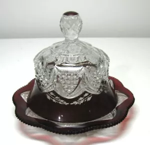 EAPG... ENGRAVED = RUBY STAINED = BUTTER DISH =BUTTON ARCHES PATTERN...NEAR MINT - Picture 1 of 3