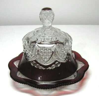 EAPG... ENGRAVED = RUBY STAINED = BUTTER DISH =BUTTON ARCHES PATTERN...NEAR MINT - Image 1 of 3