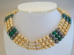 IMPRESIONANTE COLLAR DE CUENTAS DE HEMATITA Y MALAQUITA CHAPADO EN ORO AMARILLO DE 3 FILAS 18" - Imagen 1 de 10