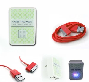 4 USB PORT WALL ADAPTER+10FT CABLE POWER CHARGER DATA RED FOR IPHONE IPOD IPAD - Bild 1 von 1