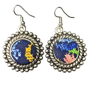 Handmade Embroidered Blue Earrings French Hook - Picture 1 of 5