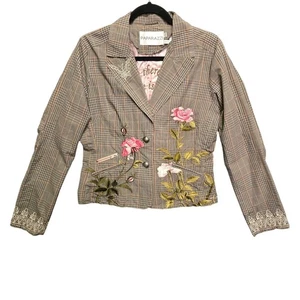 New Paparazzi by Biz Womens Floral Embroidered Plaid Blazer Jacket Preppy L - Picture 1 of 15