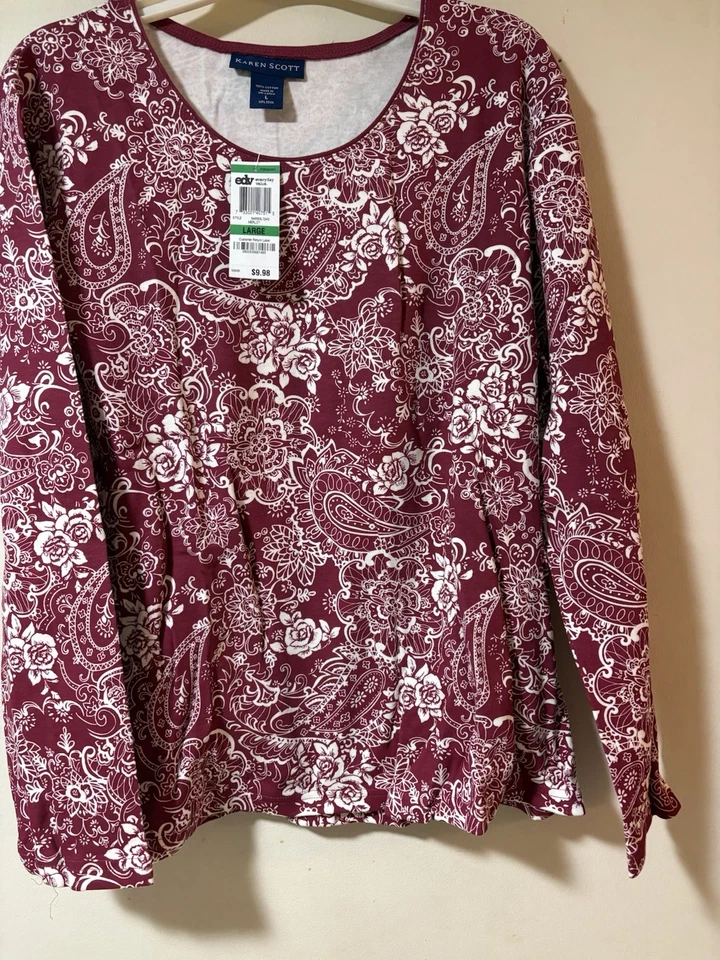 NWT Long Sleeve Pull Over Women's Size Large Karen Scott Merlot  Cream Paisley - Image 1 of 3