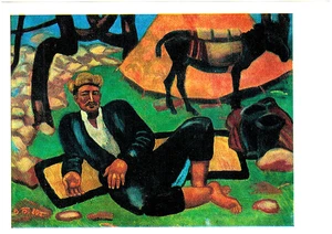 V.Boborykin 1986 Russian postcard RED HAIR TAJIK SHEPHERD AND DONKEY - Picture 1 of 2