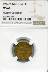 VENEZUELA 5 CENTIMOS BRASS PUYA 1944 MS-64 NGC CHOICE WWII ERA RARE DENVER MINT - Picture 1 of 2