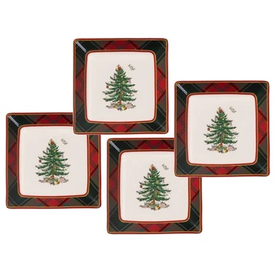 Christmas Tree Tartan Square Tidbit Plates (Set of 4) - 5" Holiday Appetizer ... - Image 1 of 4
